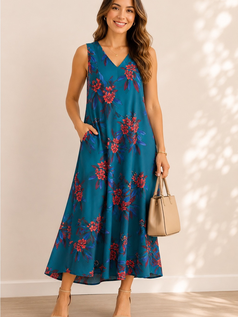 Calvin Klein  elegant Teal Floral V-Neck Sleeveless Maxi Dress size 14 - Picture 14 of 15